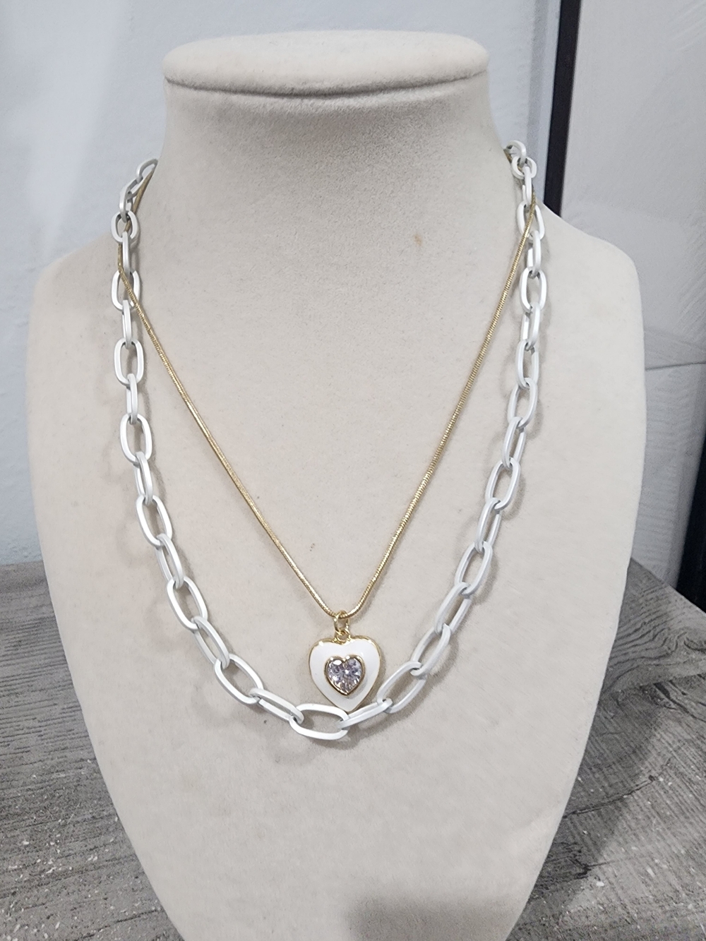 Gold Heart Pendant Necklace with White Chain Accent -Alexa Rae